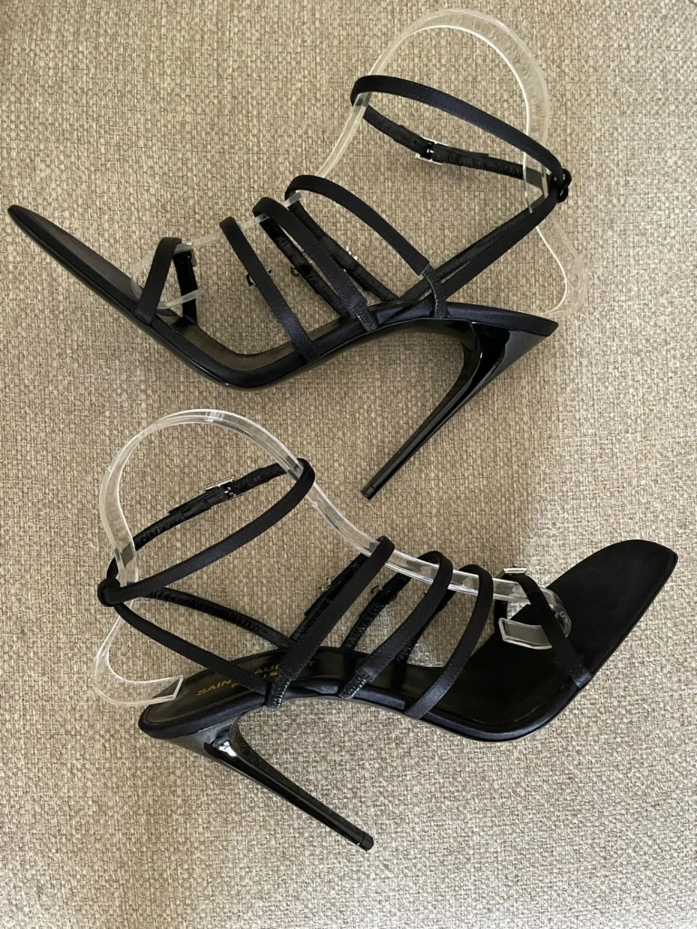 Saint Laurent Jerry Sandals Black Satin Rhinestone YSL Heels EU39 US9 NIB - Picture 8 of 16